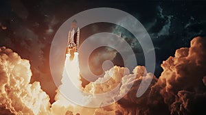 Dramatic Night Launch of Space Shuttle into Cloudy Sky