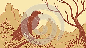 Powerful Eagle on Branch in Desert Landscape, Wildlife Art, vector design Generative AI photo