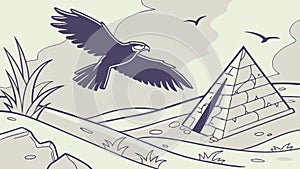 Powerful Eagle Flying Over Desert Landscape with Pyramid, vector design Generative AI photo