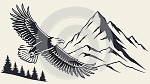 Powerful Eagle Flying Over Rugged Mountain Peaks, vector design Generative AI