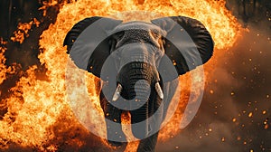 Powerful elephant charging through flames