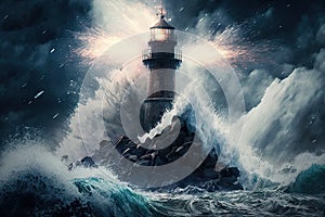 Stormy night in the sea with a lighthouse