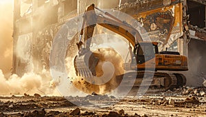 Powerful Excavator at Building Demolition Site
