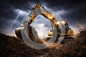 Powerful Excavator Operating In Extreme Storm Conditions On Construction Site