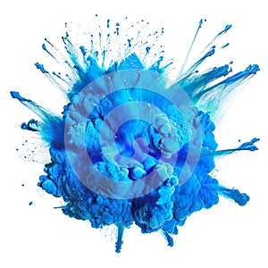Powerful explosion of blue holi powder on transparent background. Saturate blue smoke paint explosion, fume powder