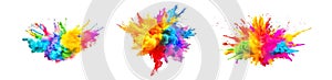 Powerful explosion of colorful rainbow holi powder on transparent background. Collection of saturate paint backdrops