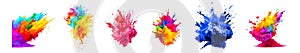 Powerful explosion of colorful rainbow holi powder on transparent background. Collection of saturate paint backdrops