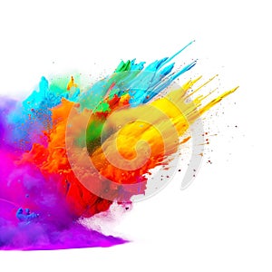 Powerful explosion of colorful rainbow holi powder on transparent background. Saturate paint backdrops, powder splash.