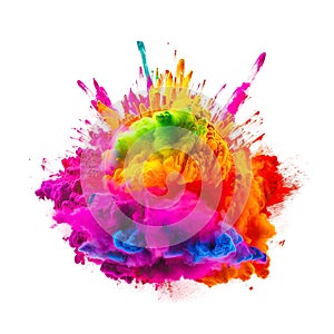 Powerful explosion of colorful rainbow holi powder on transparent background. Saturate paint backdrops, powder splash.