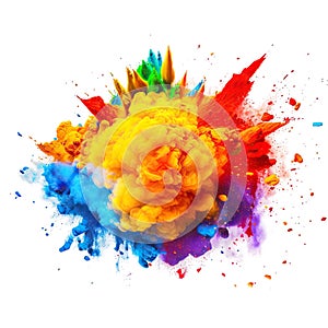 Powerful explosion of colorful rainbow holi powder on transparent background. Saturate paint backdrops, powder splash.