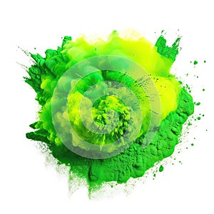 Powerful explosion of green holi powder on transparent background. Saturate green smoke paint explosion, fume powder