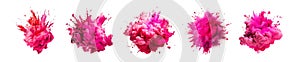 Powerful explosion of pink holi powder on transparent background. Collection of saturate pink smoke paint explosion