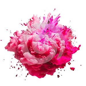 Powerful explosion of pink holi powder on transparent background. Saturate pink smoke paint explosion, fume powder