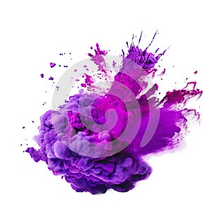 Powerful explosion of purple holi powder on transparent background. Saturate violet smoke paint explosion, fume powder