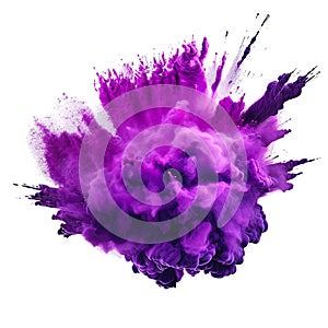 Powerful explosion of purple holi powder on transparent background. Saturate violet smoke paint explosion, fume powder