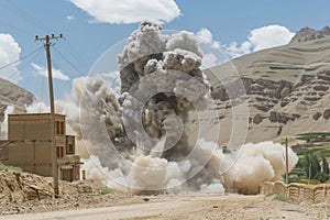 Dramatic building explosion in mountainous rural landscape photo