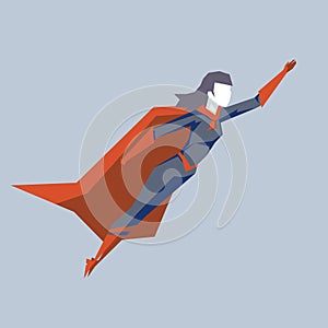 Powerful female superhero fly up woman hero fantastic cape character sky background concept flat design art vector