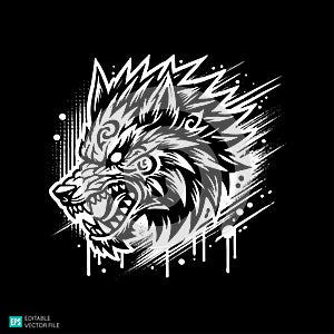 Fierce Stylized Wolf Head Vector Illustration with Grunge Elements