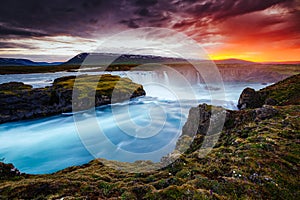 Powerful flow of water Godafoss cascade. Location Skjalfandafljot river, Iceland