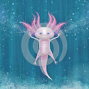 Powerful and funny axolotl in water