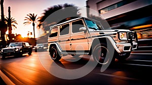 Powerful German Luxury SUV speed in motion in urban street golden hour in california, panning shot LA