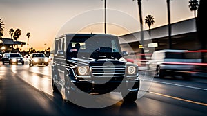 Powerful German Luxury SUV speed in motion in urban street golden hour in california, panning shot LA