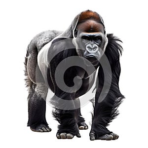 Powerful gorilla standing against a white background photo