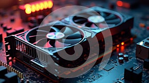 Powerful graphics card with three fans cooling system lying on desk