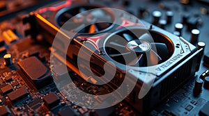 Powerful graphics card with three fans cooling system lying on desk
