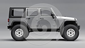 Powerful gray tuned SUV for expeditions in mountains, swamps, desert and any rough terrain. Big wheels, lift suspension