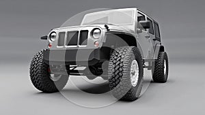 Powerful gray tuned SUV for expeditions in mountains, swamps, desert and any rough terrain. Big wheels, lift suspension