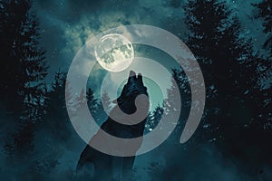 A powerful gray wolf stands tall in front of a full moon, showcasing its strength and connection with the wilderness, Werewolf
