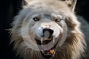 Powerful Grey Wolf Baring Its Sharp Teeth in Midjourney - Intense Wildlife Close-Up Shot