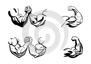 Powerful hand muscle. Strong arm muscles, hard biceps and hands strength outline. Muscular logo, healthy bodybuilding
