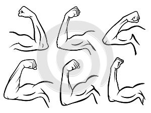 Powerful hand muscle. Strong arm muscles, hard biceps and hands strength outline vector illustration set