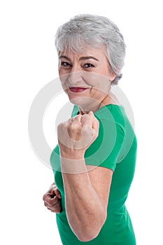 Powerful and health grey haired woman isolated on white.