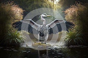 powerful heron standing with spread out wings on shore of overgrown pond