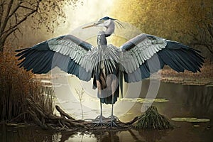 powerful heron standing with spread out wings on shore of overgrown pond