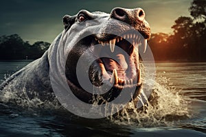 A powerful hippopotamus in its natural habitat, with its jaws agape, showcasing its dominance in the water, A hippopotamus