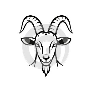 Powerful Horned Goat Head Emblem. A striking white caprine drawing on a solid d