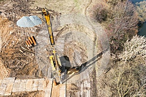 Powerful hydraulic drilling rig at construction site. aerial view