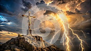 Solitary Cross on Windswept Hill A Testament to Enduring Faith and Hope in the Face of Adversity Divine photo
