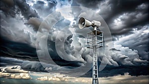 Imminent Storm Warning A Towering Siren Against a Threatening Sky Signals Potential Disaster Prepare for Severe Weather photo