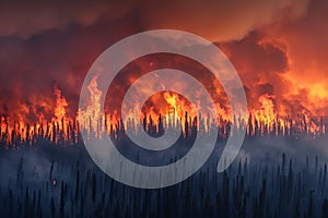 Intense Wildfire Engulfing a Forest Under a Dramatic Sky