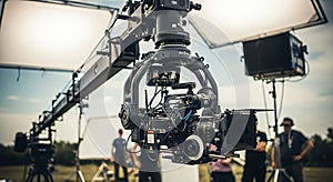 Professional cinema camera on a crane outdoors
