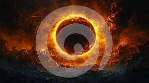 Stunning Solar Eclipse with Fiery Corona and Dark Moon in a Breathtaking Sky photo