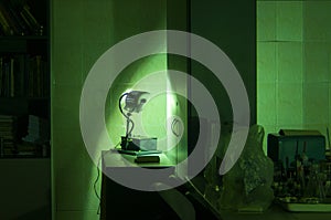 Powerful industrial green laser equipment in a laboratory