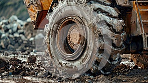 A powerful industrial truck with massive wheels navigates down a rugged rocky road on a construction site