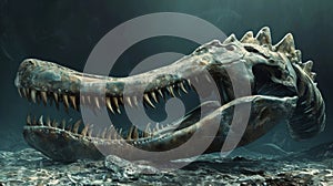 The powerful jawbone of a mosasaurus rests a the bones offering a glimpse into the terrifying prehistoric predator
