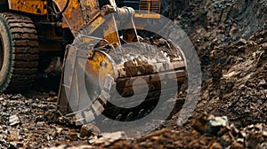 The powerful jaws of a hydraulic shovel devouring large chunks of soil and transferring it to a dump truck for removal photo